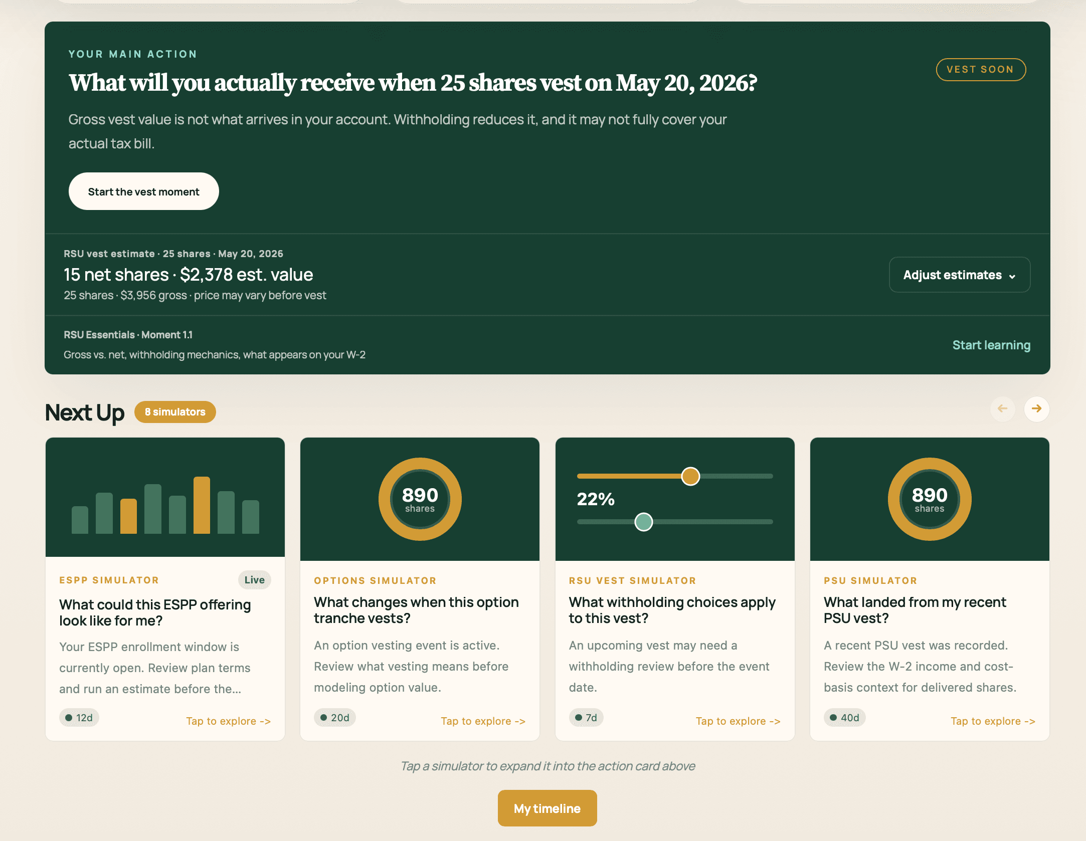 Equity Clarity participant dashboard showing an RSU vest action card, estimated net shares and value, learning prompt, and simulator cards for ESPP, options, RSU, and PSU events.